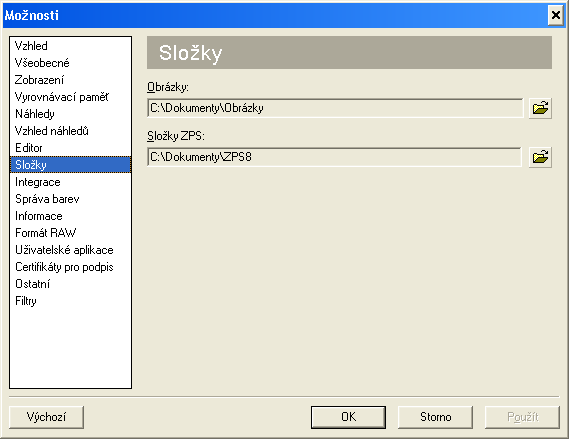 Obrázek 7 Nastavení složky Obrázky. Zde můžete určit, která složka ve vašem počítači bude výchozí pro režim Obrázky a také složku, kam se budou ukládat různé soubory vytvořené programem ZPS8.