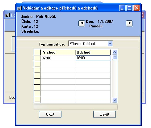 6. SESTAVY 6.1. Úprava dat Program samozřejmě umožňuje zadávat jednotlivé příchody, odchody, či přerušení ručně. Také je možné upravovat a mazat časy získané ze čtečky.