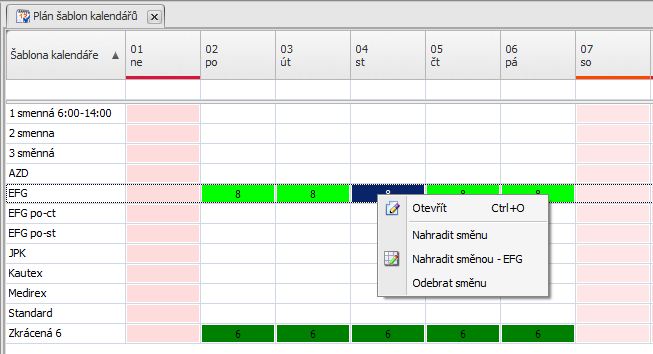 Agenda Plán šablon kalendářů představuje stejný princip akorát na úrovni kalendáře. To znamená, že veškeré změny směn určitých zaměstanců na zvolené dny lze provést změnou přímo v kalendáři.