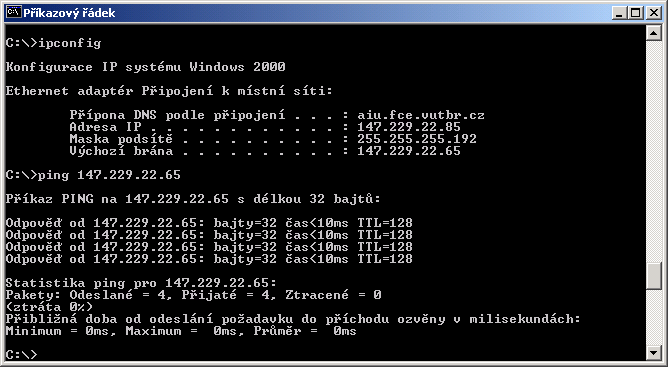 Některé užitečné příkazy Nefunguje-li síť, zadáme z příkazového řádku: ipconfig