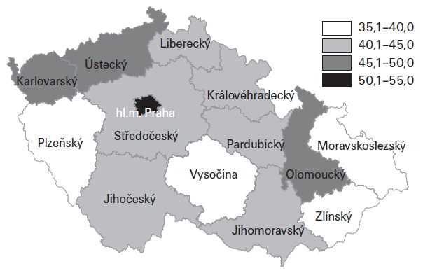 Mapa č. 4: Celoživotní prevalence užití konopných látek (v %) Zdroj: Zpráva ESPAD Tabulka č.