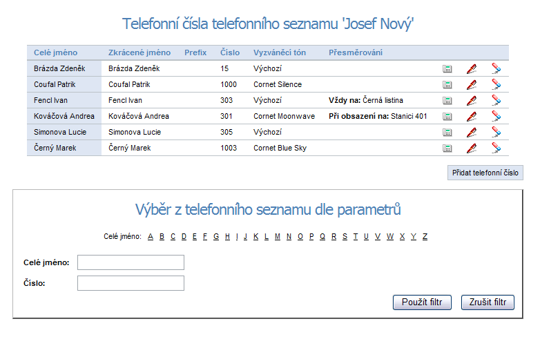 3.3 Telefonní seznam Chcete li si prohlížet telefonní seznam, modifikovat jej a nebo volat s jeho pomocí, klikněte na menu Přehledy a následně na položku Telefonní seznam.