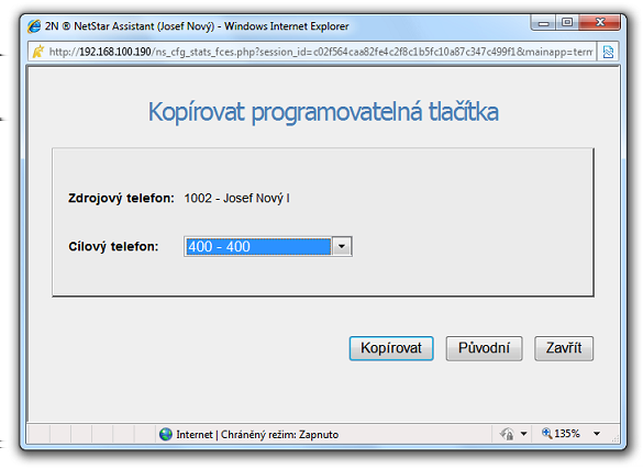 Pozor! Pro možnost kopírování tlačítek a parametrů mezi telefony ústředny 2N NetStar musí mít uživatel nastavenu dostatečnou úroveň oprávnění.
