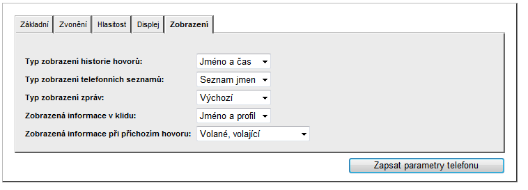 Zobrazení Parametry jsou následující: Typ zobrazení historie hovorů Nastavuje různý formát zobrazování záznamů o hovorech.