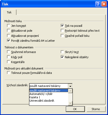 Základní provoz 3 4 V aplikaci Microsoft Word doporučujeme klepnout na tlačítko [Možnosti] a pro [Výchozí zásobník] zadat možnost [Použít nastavení tiskárny].
