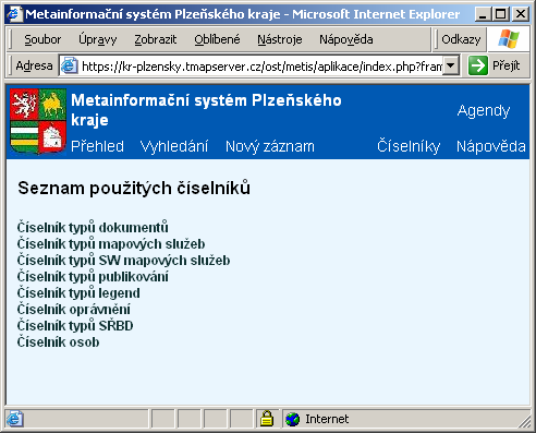 3.5 Číselníky odkaz hlavní nabídky, který slouží pro editaci číselníků. Číselník typů dokumentů umožňuje dále třídit položky typu dokument.