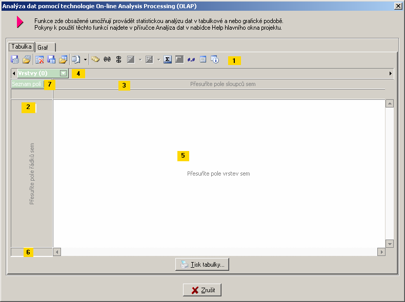 Jednotlivé části mají následující význam: 1 panel nástrojů pro práci s analytickou mřížkou 2 oblast definice řádků sem se zadávají požadované údaje ze seznamu polí, které budou použity v řádcích 3