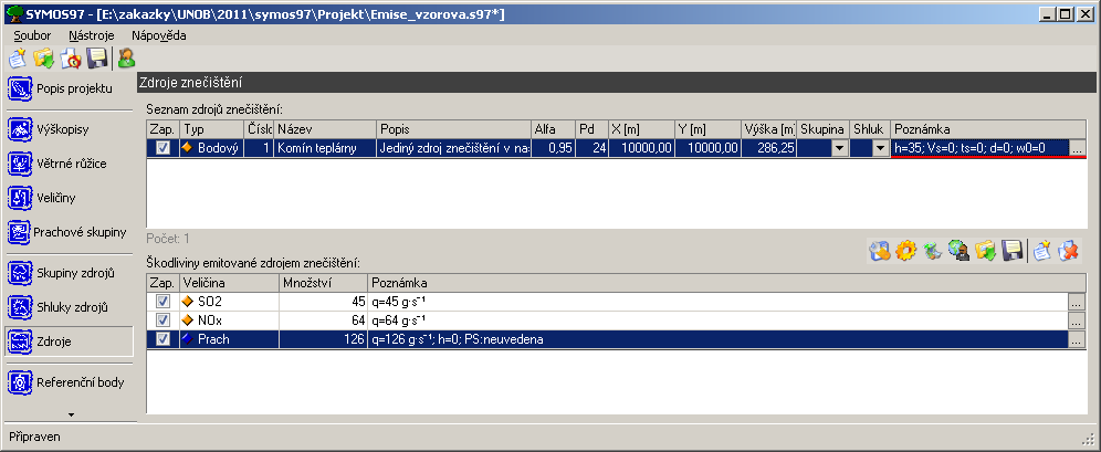 Dále se věnujeme dialogu pro nastavení celkových parametrů našeho zdroje znečištění.