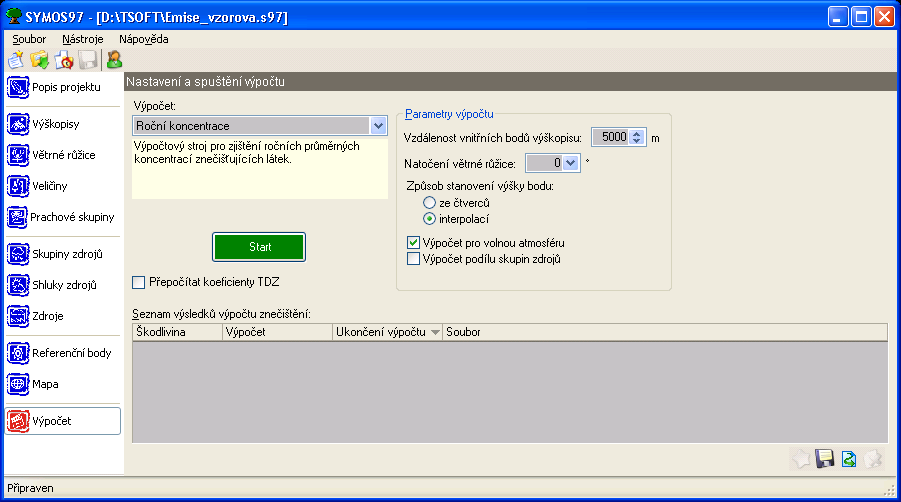 3.10 Výpočty Program počítá podle metodiky SYMOS 97 tři základní parametry znečištění ovzduší, roční, denní a maximální koncentraci škodlivin.