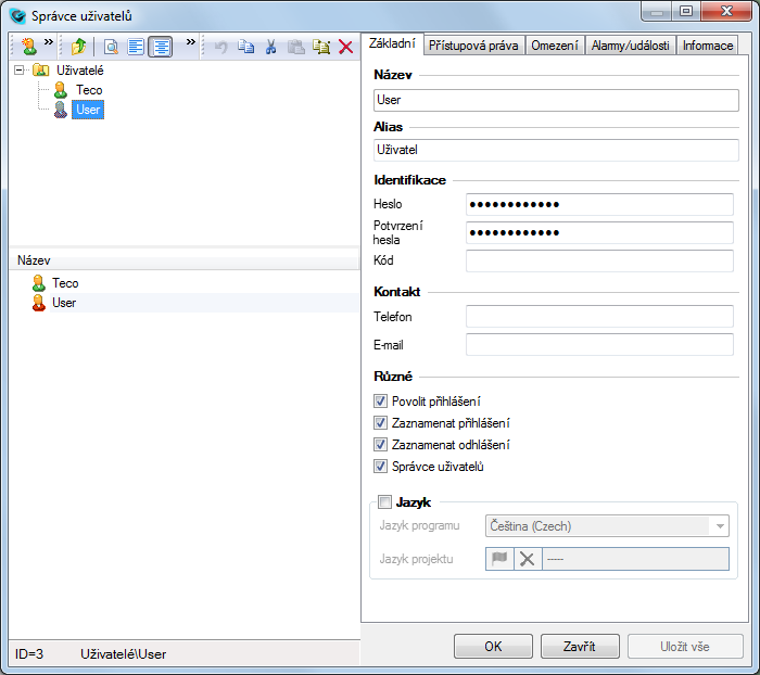 Správci 2.12.5 Správce uživatelů Správce uživatelů je nástroj určený pro definici uživatelů a úpravu jejich vlastností (omezení, přístupových práv atd.).