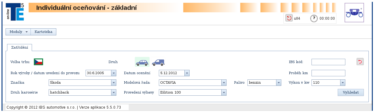 Příklad - zatřídění, ocenění a uložení vozidla do kartotéky Chci vyhledat (zatřídit) osobní automobil Škoda Octavia II 2.0 FSI Edition 100 (A6), 110