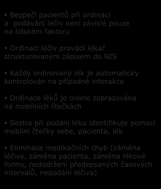 Bezpečí pacientů při ordinaci a podávání léčiv není závislé pouze na lidském faktoru ORDINACE LÉČIV S PODPOROU V NIS Z POHLEDU BEZPEČNOSTI Ordinaci léčiv provádí lékař strukturovaným zápisem do NIS