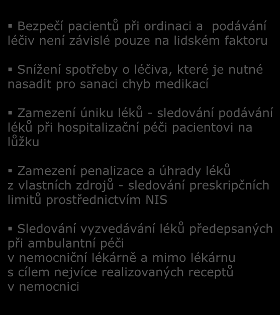 Bezpečí pacientů při ordinaci a podávání léčiv není závislé pouze na lidském faktoru Snížení spotřeby o léčiva, které je nutné nasadit pro sanaci chyb medikací ORDINACE LÉČIV S PODPOROU V NIS