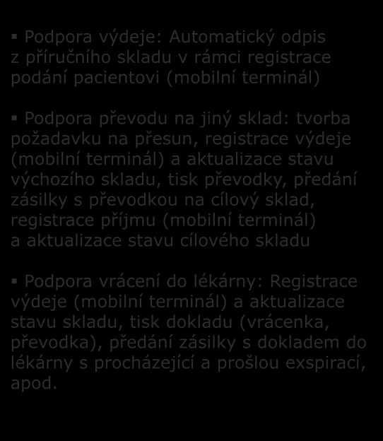 Podpora výdeje: Automatický odpis z příručního skladu v rámci registrace podání pacientovi (mobilní terminál) LOGISTIKA LÉKŮ S PODPOROU V IS Podpora převodu na jiný sklad: tvorba požadavku na přesun,