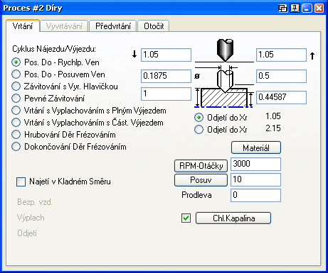 Výuka Frézování/Soustružení Jako proces #1 vytvořte proces Díry s nástrojem #9. Zadejte tyto údaje do záložky Otočit.
