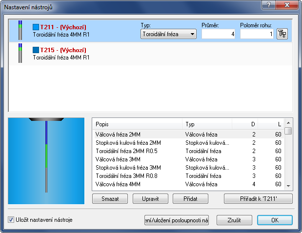 Vykreslení drah nástrojů 59 Frézovací nástroje Ve frézovacích operacích kliknutí na ikonu Nastavení nástrojů otevře toto okno: Knihovna frézovacích nástrojů.