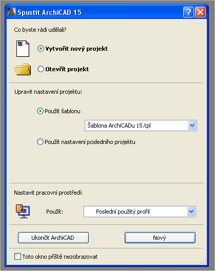 1.2. Pracovní plocha ArchiCADu Spuštění programu: Program spustíme buď přes tlačítko Start Programy ArchiCAD nebo dvojitým kliknutím levého tlačítka myši na ikonu ArchiCADu na ploše.