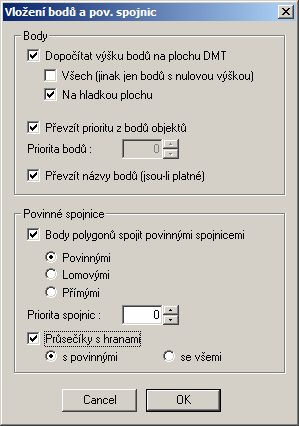 Skupina Body: Dopočítat výšku bodu na plochu DMT... Pokud zapneme tento přepínač, výšky vkládaných bodů se dopočítají na stávající plochu modelu terénu.