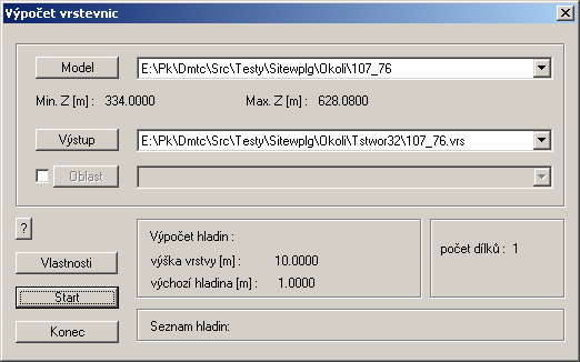 Dialog Výpočet vrstevnic V hlavním okně programu jsou stále zobrazeny základní informace pro výpočet vrstevnic: Model - název modelu terénu zvoleného pro výpočet. Výstup - název výstupního souboru.