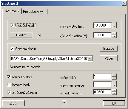 Dialog Vlastnosti / Nastavení Výpočet hladin určuje, budou-li vrstevnice počítány v hladinách vypočtených na základě výšky vrstvy a výchozí hladiny.