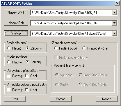 Dialog Pokles Název DMT - Výběr názvu modelu terénu podle existujících souborů s příponou ".trj". Název Pok Výběr názvu modelu diferencí podle existujících souborů s příponou ".trj". Výstup Touto volbou uživatel specifikuje název výstupního (cílového) modelu.