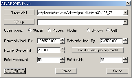 Sklon Použití Tato programová funkce provádí výpočet níže uvedených charakteristik terénu uvnitř zájmové oblasti ve čtvercové síti, jejíž rozsah a umístění se zadávají jako vstupní údaje.