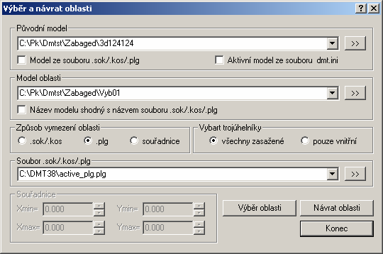 Dialog Výběr a návrat oblasti Původní model - Tato volba umožňuje výběr digitálního modelu terénu, ze kterého má být oblast vyjmuta nebo do kterého má být vrácena (nabízeny jsou existující soubory s