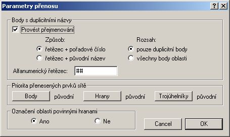 Dialog Parametry přenosu Metoda použitá ve funkci pro přenos trojúhelníkové sítě z jednoho digitálního modelu do druhého vyžaduje, aby hrany ležící na obvodu přenášené oblasti byly v cílovém modelu