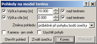 Dialog sloužící k řízení 3D pohledů: Výška kamery... Zadává se výška kamery (místa našeho pohledu). Pokud je zapnut přepínač nad terénem, jedná se o relativní výšku nad terénem v místě kamery.
