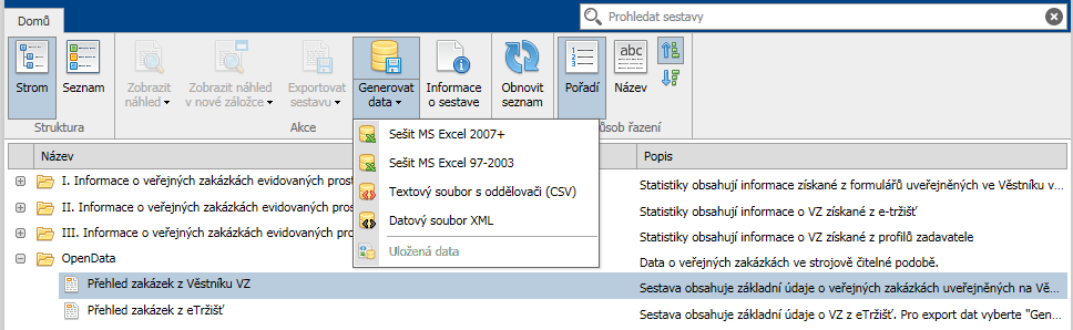 Přístup k OpenDatům o veřejných zakázkách Sestavy s daty o veřejných zakázkách jsou dostupné třemi způsoby: 1) V levém menu na webu www.isvz.