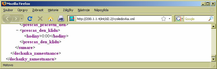 Po vyhodnocení složek obsahuje část <sumare> dále ještě větve <odpracovano>, <prescas_pracovni_den> a <prescas_den_klidu>. Větev <odpracovano> obsahuje tyto položky <hodiny>.