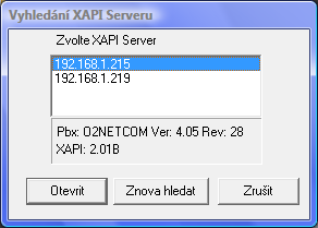 Pokud není zadaná IP adresa správná, pak se provede automatické vyhledávání aktivních XAPI serverů uvnitř sítě LAN a můžete vybrat přímo IP adresu požadovaného spojení.