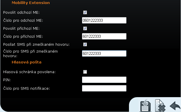4.12. Mobility Extension Tato část popisuje nastavení funkce Mobility Extension pro VoIP telefony. 4.12.1. Nastavení uživatele Uživateli povolte funkci MobilityExtension a vyplňte telefonní číslo.