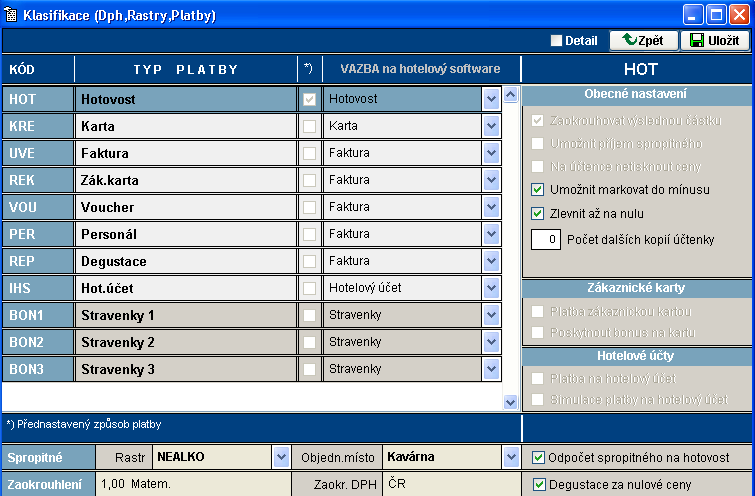 Platby V tomto formuláři se propojují typy plateb z pokladny s typy plateb hotelového programu Hotel32.