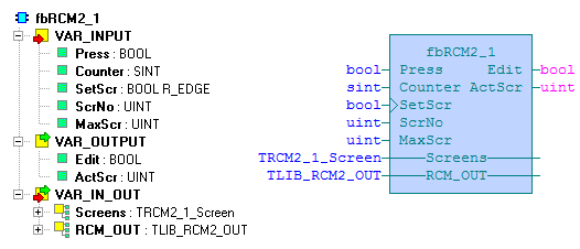 6.4 Funkční blok fbrcm2_1 Knihovna : CFoxLib Funkční blok fbrcm2_1 je určen pro definici a obsluhu lineárního seznamu obrazovek zobrazovaných modulem RCM2-1.