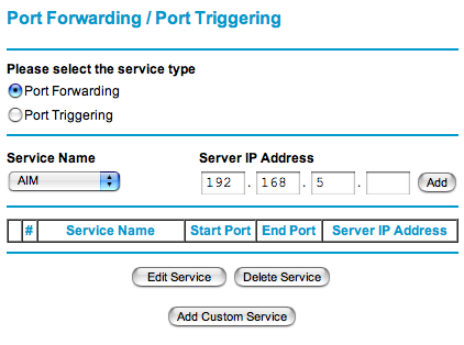 definovaný port jsou vždy přesměrovány na definovaný počítač: Obrázek 21: Směrování portů Poznámka: Pokud zaškrtnete položku Disable Port Triggering (Nepoužívat dynamické směrování portů) až po