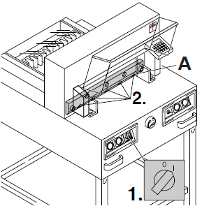 Zavřete přední kryt (1.), spuštěním řezu posuňte nůž do pozice dolů (2.), jedno ze dvou tlačítek pro spuštění řezu držte, druhou rukou vypněte hlavní vypínač (pozice 0 ). Přední kryt otevřete (4.