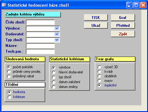 52 Title of this help project Statistika zboží umožňuje hodnotit bázi zboží podle tří variant hodnot (počet položek, průměrné ceny a průměrného rabatu).