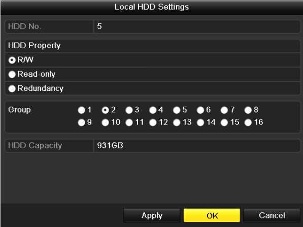 7. Zvolte číslo skupiny Group pro aktuální HDD. Obr. 10.12 Rozhraní místního nastavení HDD Poznámka: Tovární nastavení čísla skupiny pro každé HDD je 1. 8.