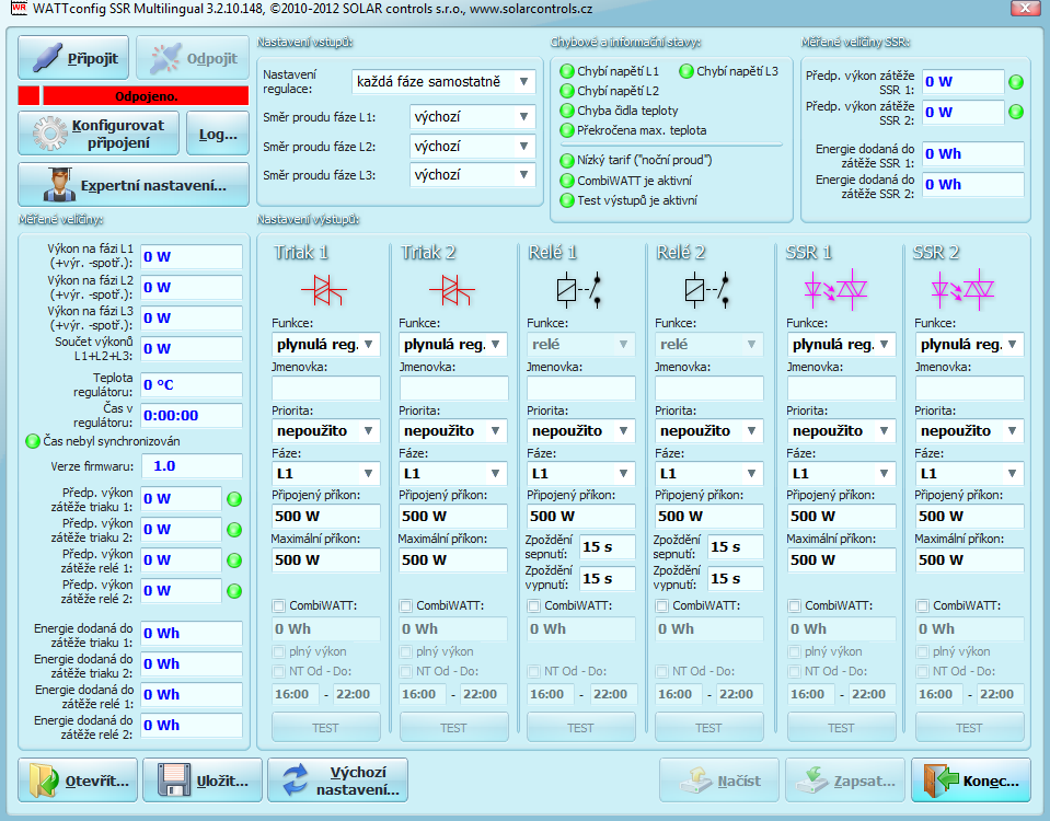 Obrázek 10: Hlavní okno ovládacího programu pro modely WATTrouter CWx SSR.