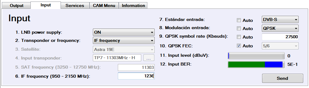 Nastavení modulu 1: 8. vyberte modul 1 a klikněte na Configure 9. zvolte kartu Output 10. nastavte kartu Output podle obrázku: 11. klikněte na Send 12. zvolte kartu Input 13.