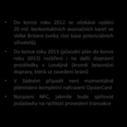 Od léta 2011 probíhá zavádění nového karetního systému do autobusové dopravy. Projekt však nabírá zpoždění a olympiádu nestihl. AKTUÁLNÍ STAV PLÁNY Ve Velké Británii vydáno přes 15 mil.