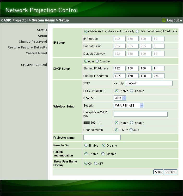 Konfiguraci nastavení sítě a bezdrátového síťového připojení projektoru 1.