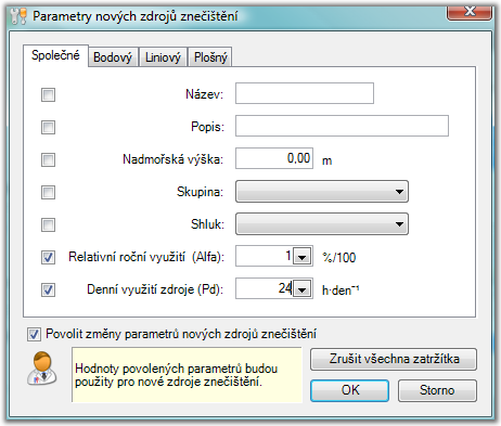 48 SYMOS '97 skupinu. Parametry nového zdroje znečištění Zapnutím této volby zobrazíme formulář pro nastavení parametrů nových zdrojů. Zvolíme požadované parametry a nastavíme požadované hodnoty.