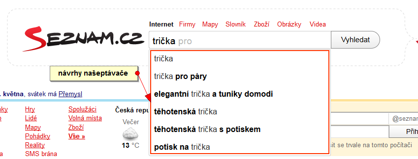 nebo aktuálními trendy. Pro podmínky českého trhu jsou využitelné našeptávače vyhledávačů Seznam.cz a Google.cz. Na obrázku 1.