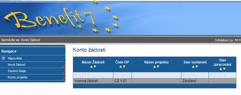 stav pokud je jiţ ţádost předaná ŘO OPVK/ ZS, uvádí se stav Předaný. Klíč žádosti automaticky se doplní část unikátního kódu ţádosti.