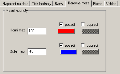 Barevné meze Prvkům zobrazujícím hodnotu z automatu je možné nastavit barvu podle hodnoty v automatu. To která barva se použije určuje právě interval dolní a horní mez.