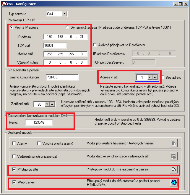 vybrané parametry komunikačního modulu CA4.