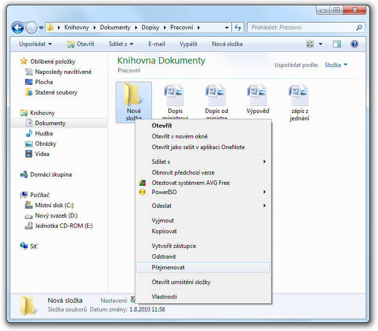 trochu cviku. Pro ty, kterým by se to nedařilo, máme jinou možnost na soubor či složku, jež chceme přejmenovat, ukážeme kurzorem myši a stiskneme pravé tlačítko myši.