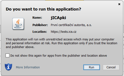 Tímto dojde k instalaci a spuštění appletu ICApki, který